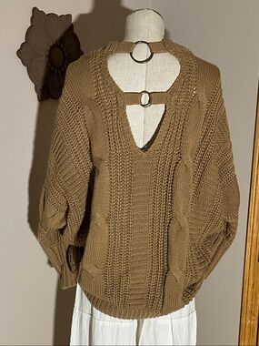 BKE Camel Cable-Knit V-Back Sweater with Ring Straps